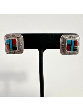 Sterling Silver Multicolor Inlay Square Stud Earrings Southwestern Stamped ¾"